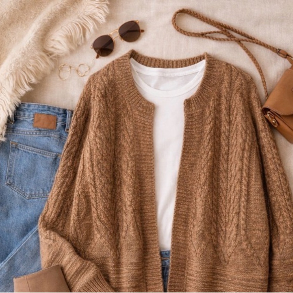 Lucky Brand Oversized Cable Knit Cardigan XS Brown Tan Cotton Blend Cozy